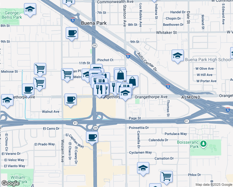 map of restaurants, bars, coffee shops, grocery stores, and more near in Buena Park