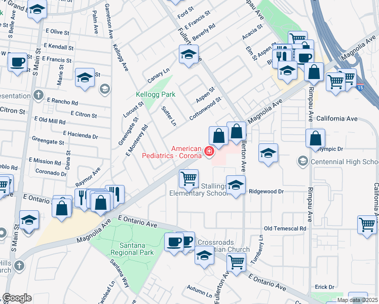 map of restaurants, bars, coffee shops, grocery stores, and more near 737 Magnolia Avenue in Corona