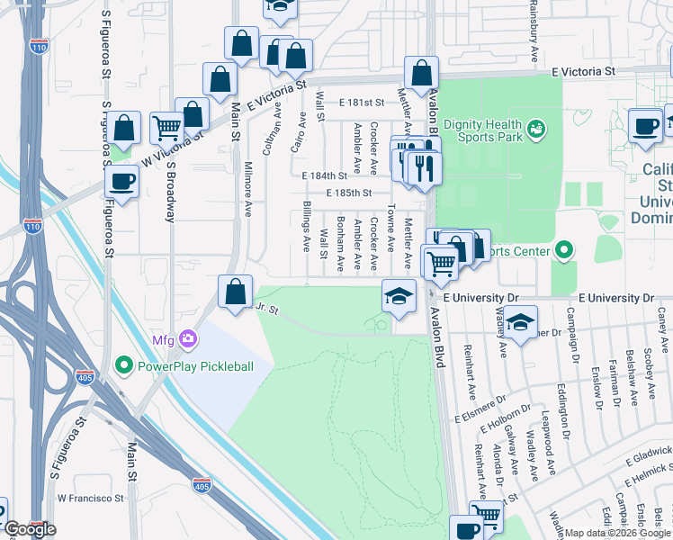 map of restaurants, bars, coffee shops, grocery stores, and more near 18819 Bonham Avenue in Carson