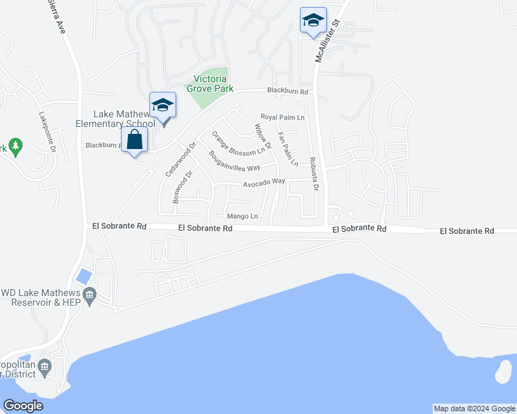 map of restaurants, bars, coffee shops, grocery stores, and more near 17959 Tangerine Way in Riverside