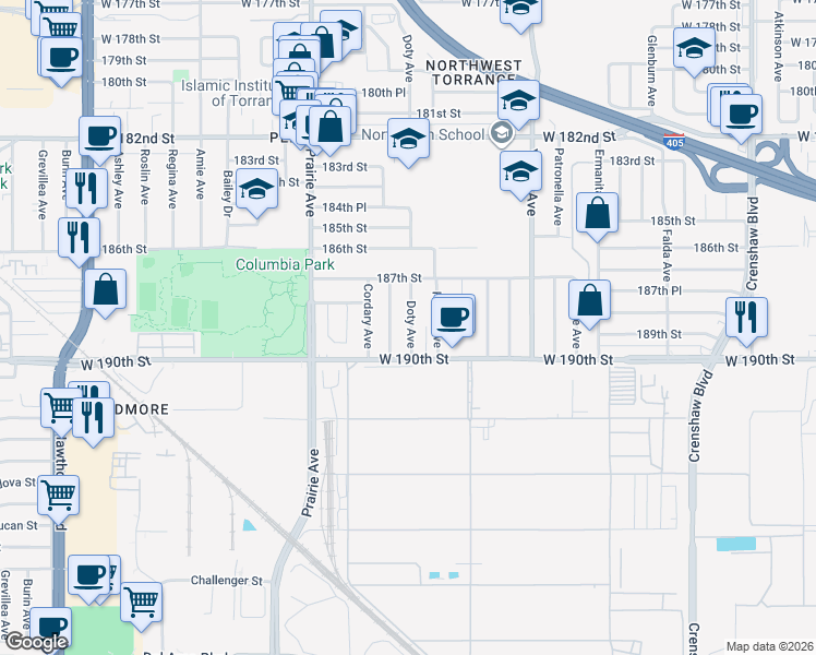 map of restaurants, bars, coffee shops, grocery stores, and more near 18833 Doty Avenue in Torrance