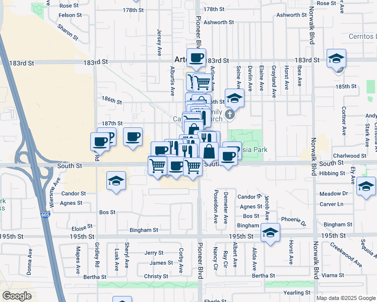 map of restaurants, bars, coffee shops, grocery stores, and more near 11740 188th Street in Artesia