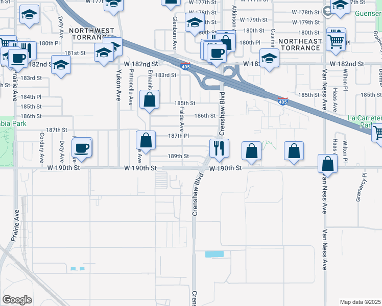 map of restaurants, bars, coffee shops, grocery stores, and more near 3227 189th Street in Torrance
