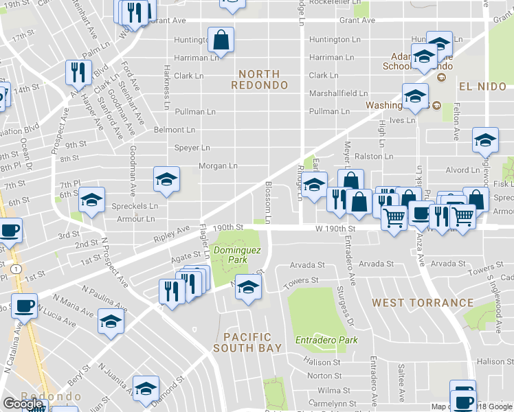 map of restaurants, bars, coffee shops, grocery stores, and more near 516 Cluster Lane in Redondo Beach