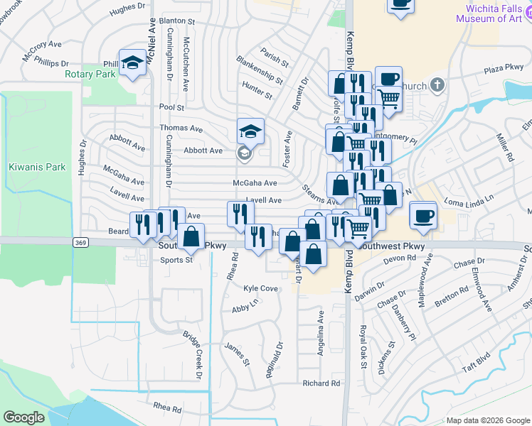 map of restaurants, bars, coffee shops, grocery stores, and more near 2944 Moffett Avenue in Wichita Falls