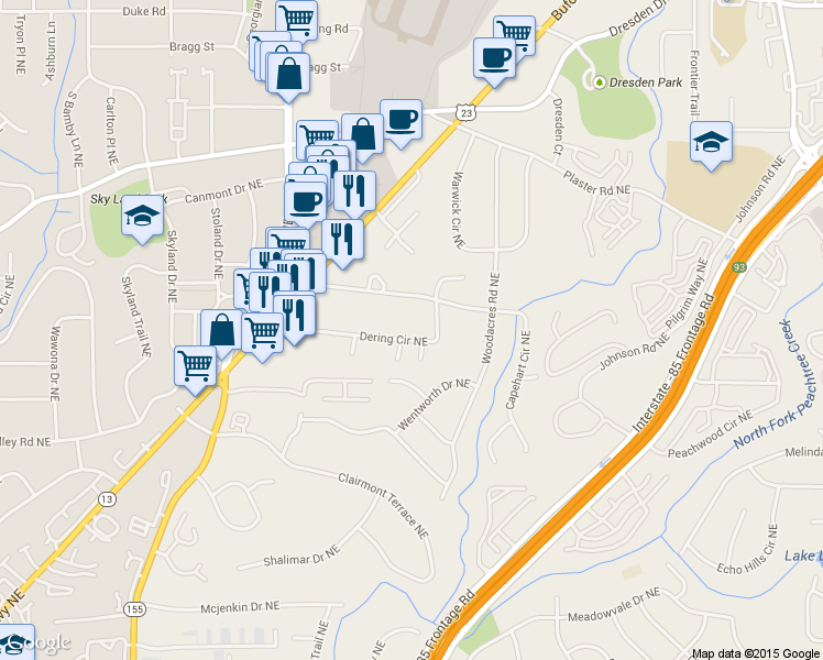 map of restaurants, bars, coffee shops, grocery stores, and more near 2054 Dering Circle Northeast in Atlanta