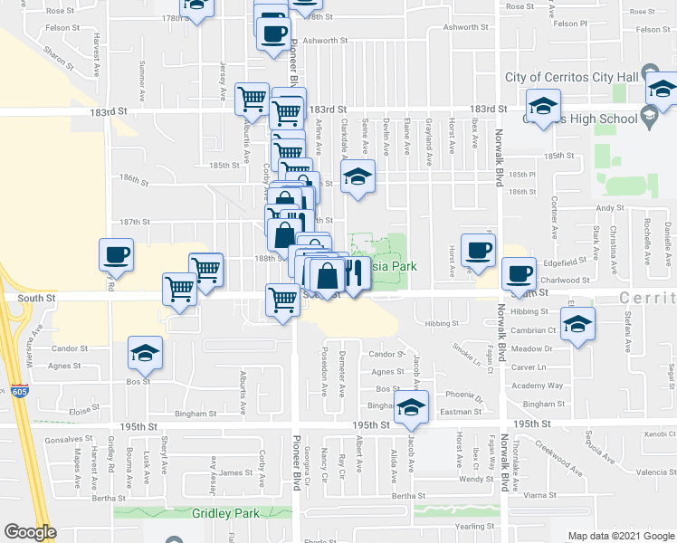 map of restaurants, bars, coffee shops, grocery stores, and more near 11886 Park Avenue in Artesia