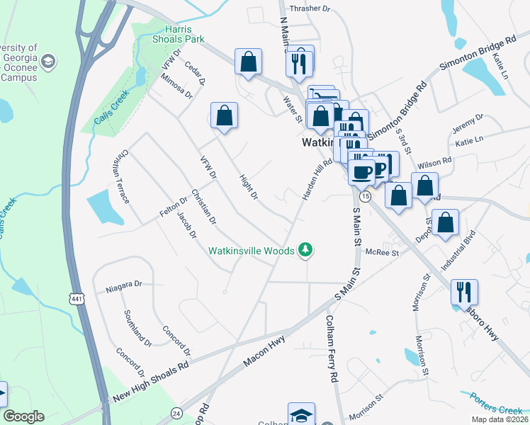 map of restaurants, bars, coffee shops, grocery stores, and more near 109 Hight Drive in Watkinsville
