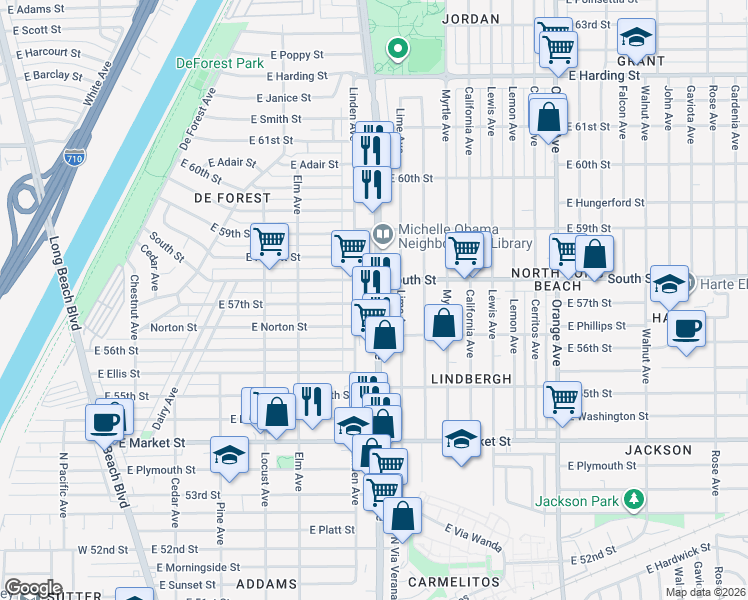 map of restaurants, bars, coffee shops, grocery stores, and more near 5711 Atlantic Avenue in Long Beach