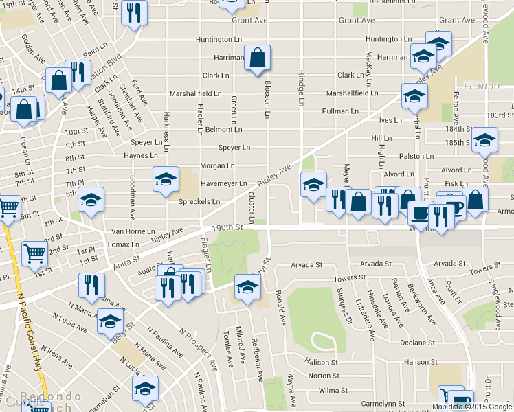 map of restaurants, bars, coffee shops, grocery stores, and more near 516 Cluster Lane in Redondo Beach