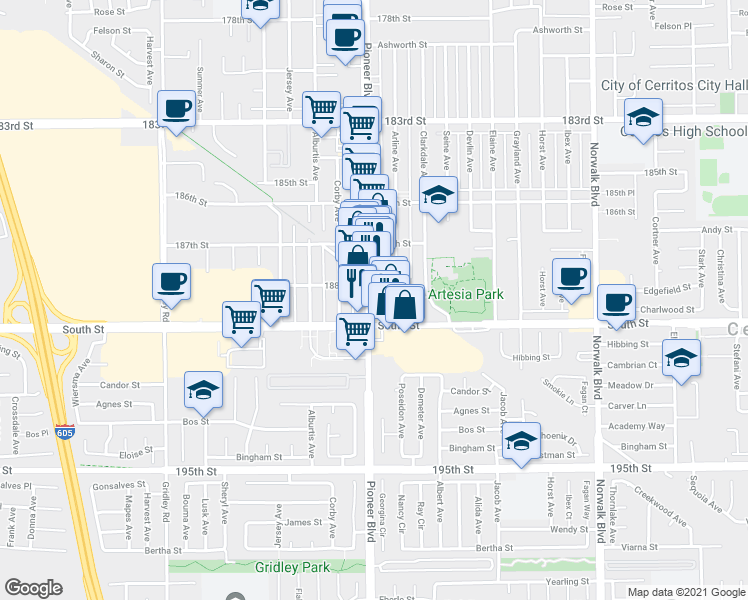 map of restaurants, bars, coffee shops, grocery stores, and more near 11812 East Solana Place in Cerritos