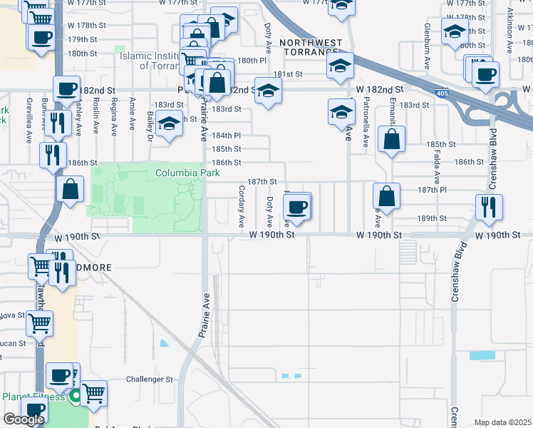 map of restaurants, bars, coffee shops, grocery stores, and more near 18833 Doty Avenue in Torrance