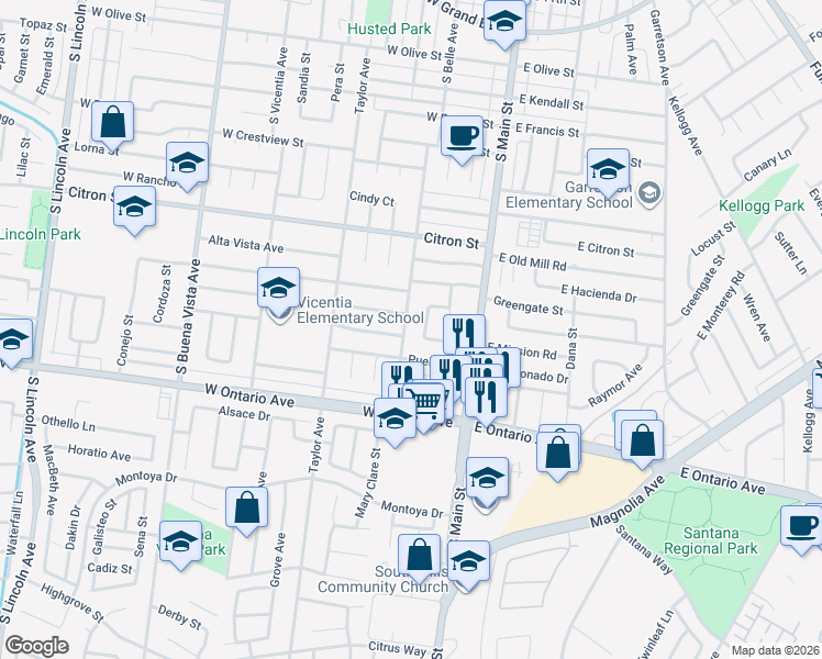 map of restaurants, bars, coffee shops, grocery stores, and more near 1951 South Belle Avenue in Corona