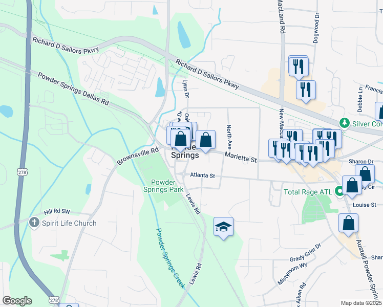 map of restaurants, bars, coffee shops, grocery stores, and more near 4425 Marietta Street in Powder Springs