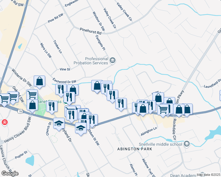 map of restaurants, bars, coffee shops, grocery stores, and more near 2310 Hickory Station Circle in Snellville