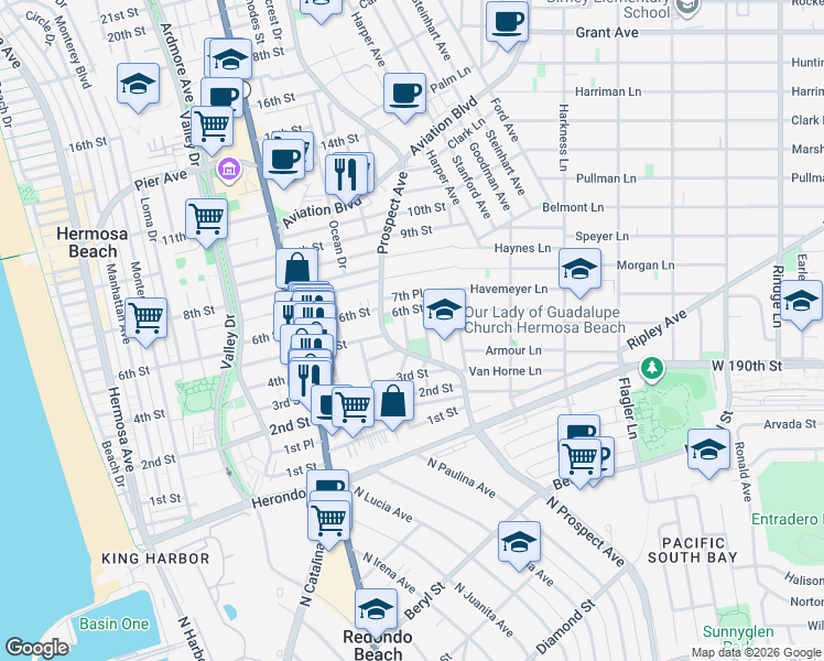 map of restaurants, bars, coffee shops, grocery stores, and more near 515 Gentry Street in Hermosa Beach