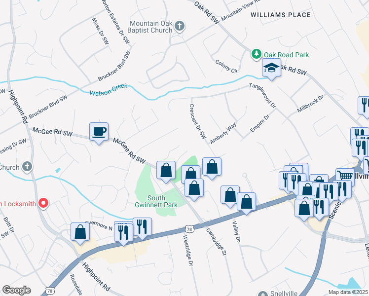 map of restaurants, bars, coffee shops, grocery stores, and more near 2700 Sterling Creek Pointe in Snellville