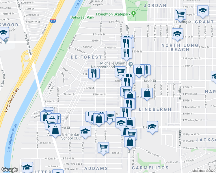 map of restaurants, bars, coffee shops, grocery stores, and more near 417 East 57th Street in Long Beach