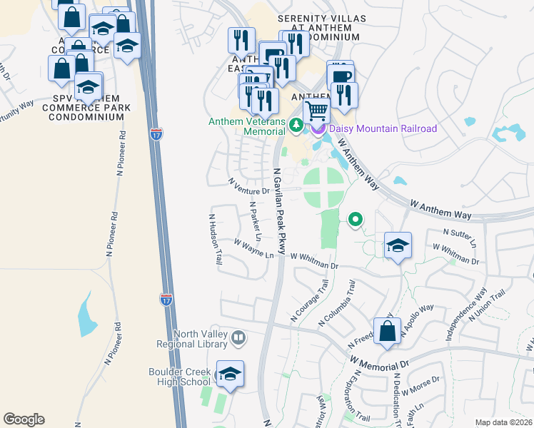 map of restaurants, bars, coffee shops, grocery stores, and more near 3634 West Eastman Court in New River