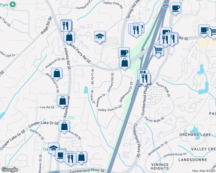 map of restaurants, bars, coffee shops, grocery stores, and more near 3860 Orchard Road Southeast in Smyrna