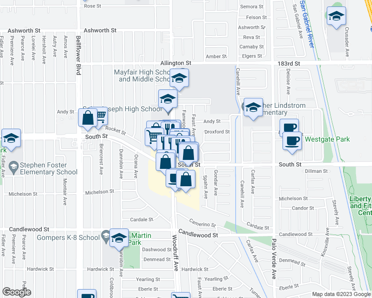 map of restaurants, bars, coffee shops, grocery stores, and more near 5930 Edgefield Street in Lakewood