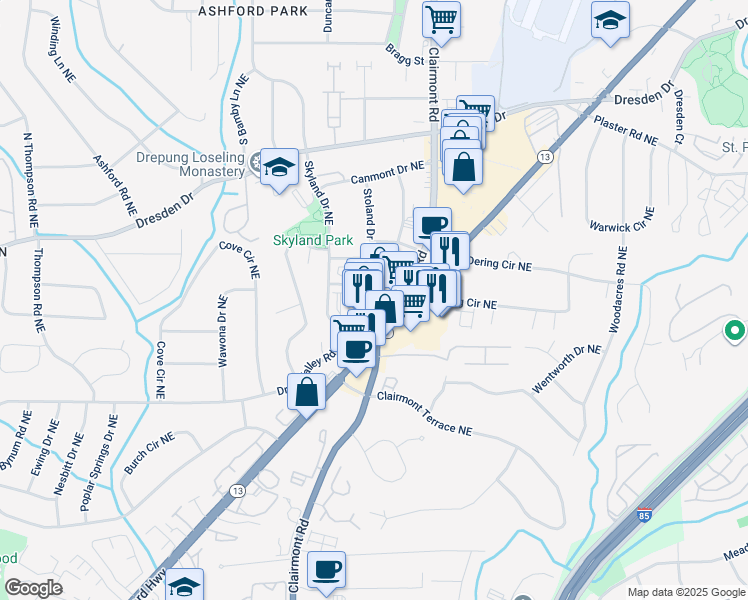 map of restaurants, bars, coffee shops, grocery stores, and more near 3436 Clairmont Road in Atlanta