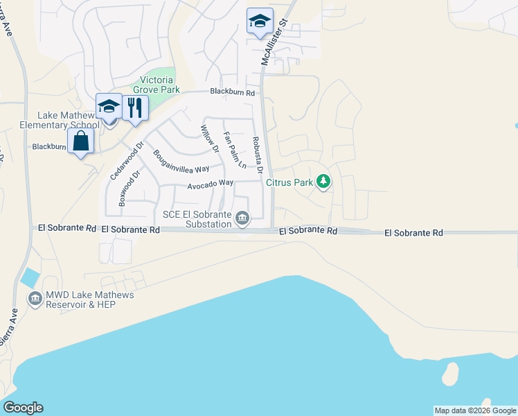map of restaurants, bars, coffee shops, grocery stores, and more near 17911 Robusta Drive in Riverside