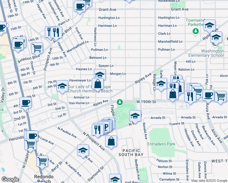 map of restaurants, bars, coffee shops, grocery stores, and more near 1904 Spreckels Lane in Redondo Beach