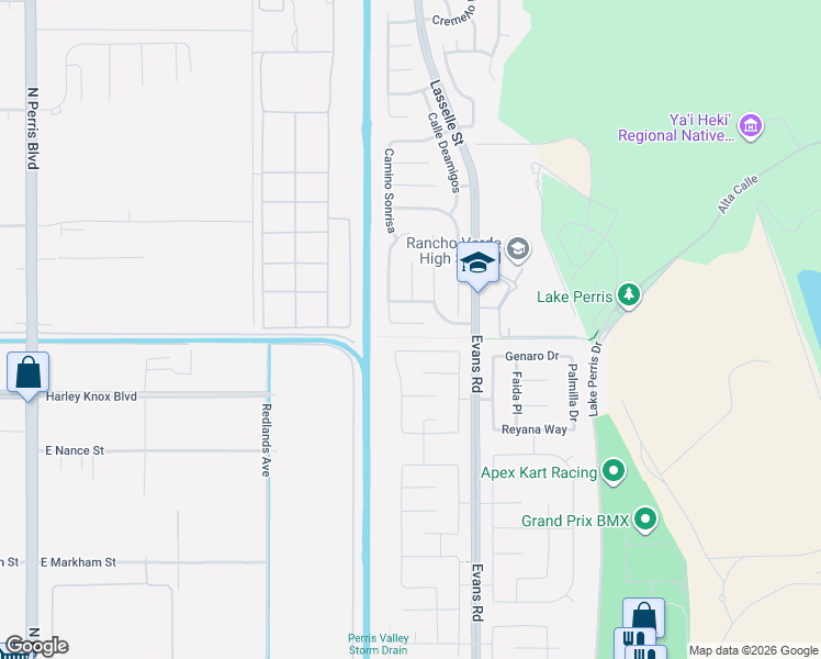 map of restaurants, bars, coffee shops, grocery stores, and more near 25933 Via Elegante in Moreno Valley