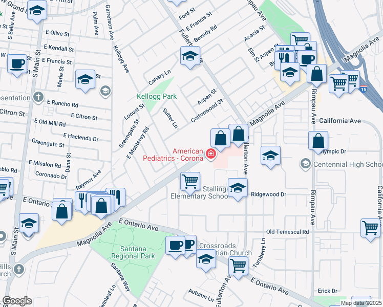 map of restaurants, bars, coffee shops, grocery stores, and more near 737 Magnolia Avenue in Corona