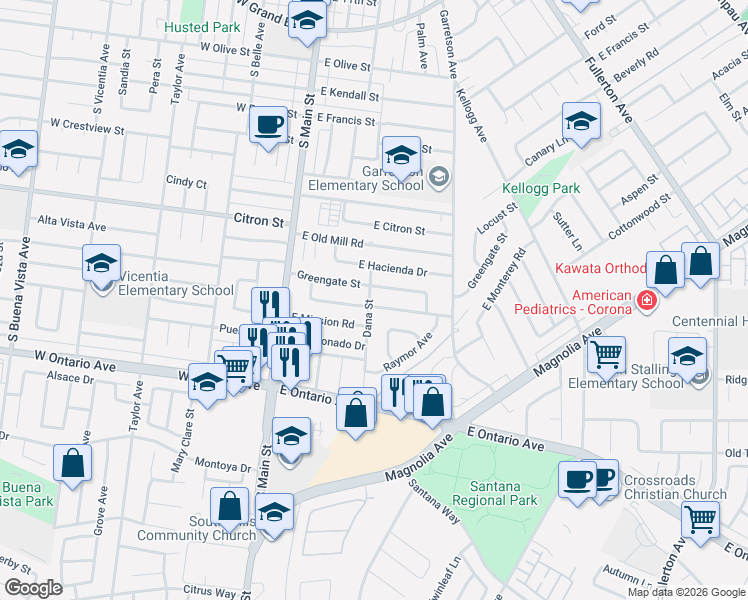 map of restaurants, bars, coffee shops, grocery stores, and more near 285 East Monterey Road in Corona