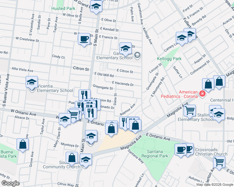 map of restaurants, bars, coffee shops, grocery stores, and more near 285 East Monterey Road in Corona