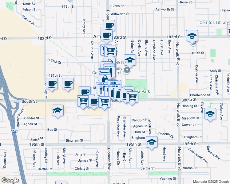 map of restaurants, bars, coffee shops, grocery stores, and more near 11812 East Solana Place in Cerritos
