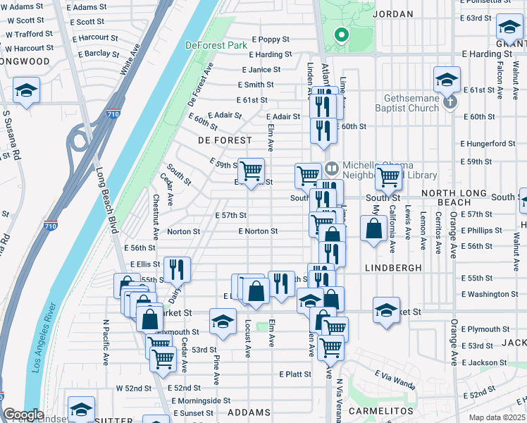map of restaurants, bars, coffee shops, grocery stores, and more near 317 East 57th Street in Long Beach