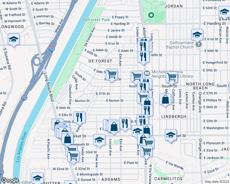 map of restaurants, bars, coffee shops, grocery stores, and more near 317 East 57th Street in Long Beach