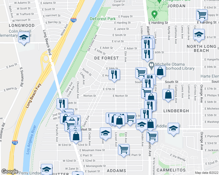 map of restaurants, bars, coffee shops, grocery stores, and more near 237 East 57th Street in Long Beach