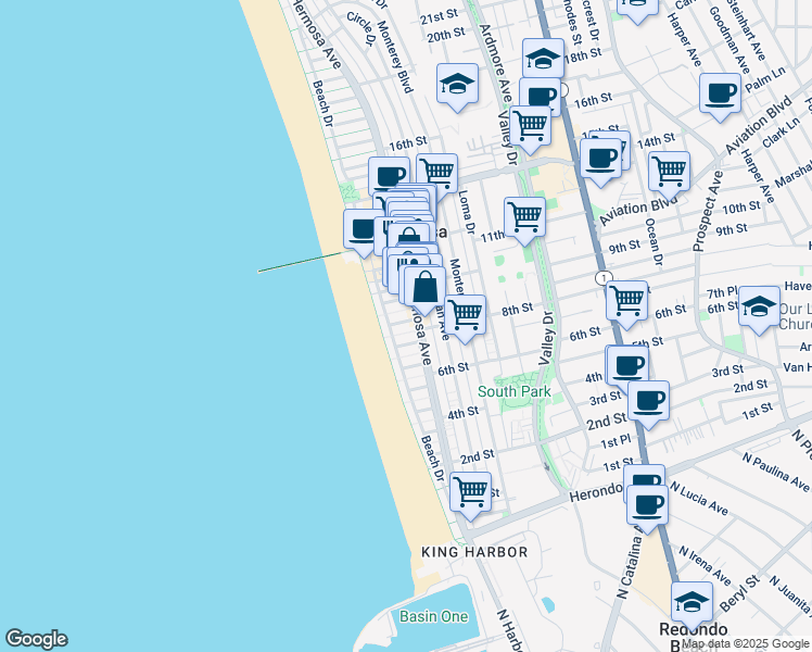 map of restaurants, bars, coffee shops, grocery stores, and more near in Hermosa Beach