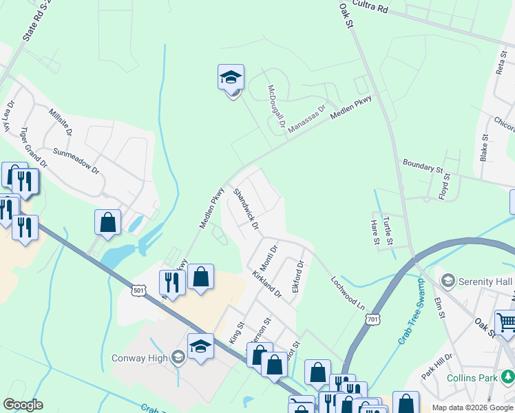 map of restaurants, bars, coffee shops, grocery stores, and more near 3104 Shandwick Drive in Conway