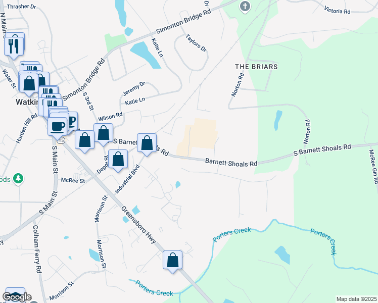 map of restaurants, bars, coffee shops, grocery stores, and more near 111 South Barnett Shoals Road in Watkinsville
