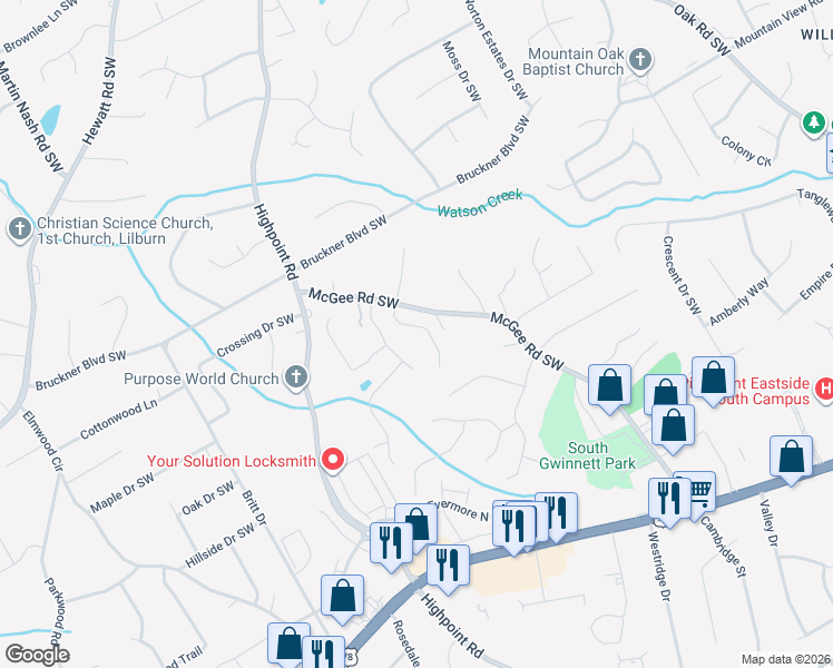 map of restaurants, bars, coffee shops, grocery stores, and more near 1955 Lisa Springs Drive Southwest in Snellville