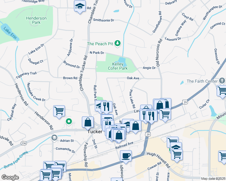 map of restaurants, bars, coffee shops, grocery stores, and more near 2511 Oak Avenue in Tucker