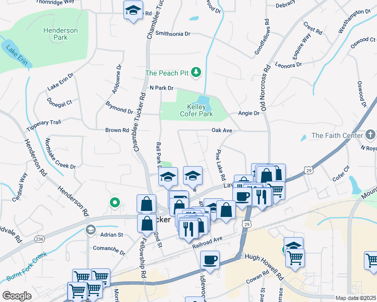 map of restaurants, bars, coffee shops, grocery stores, and more near 2511 Oak Avenue in Tucker