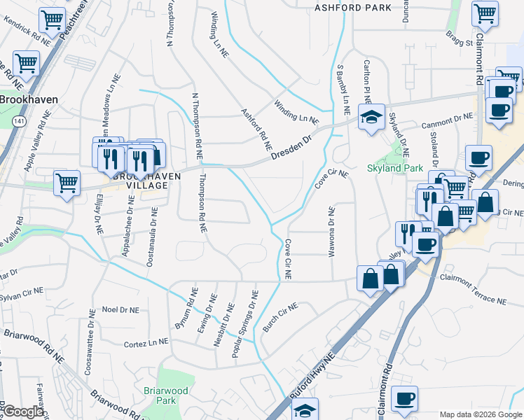 map of restaurants, bars, coffee shops, grocery stores, and more near 1659 Wayland Circle Northeast in Atlanta