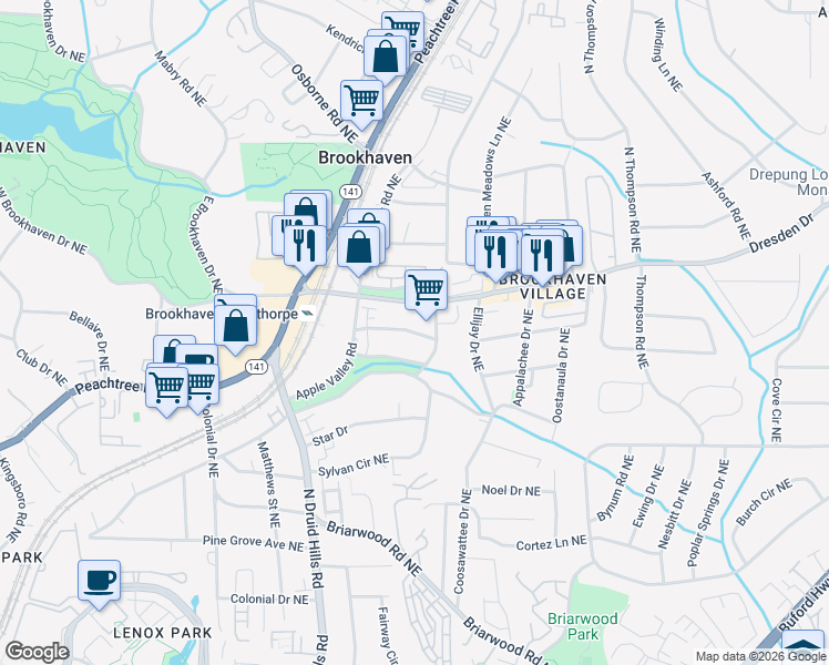 map of restaurants, bars, coffee shops, grocery stores, and more near 1375 Fernwood Circle Northeast in Atlanta