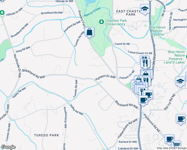map of restaurants, bars, coffee shops, grocery stores, and more near 133 Blackland Road Northwest in Atlanta