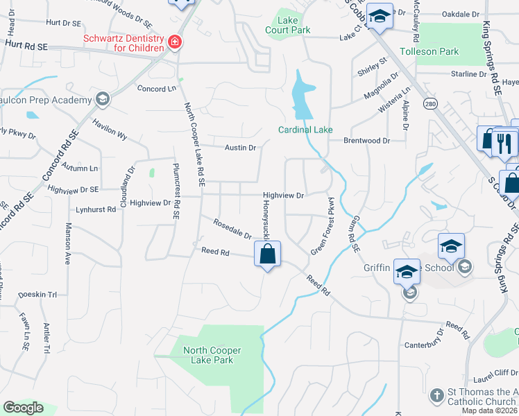 map of restaurants, bars, coffee shops, grocery stores, and more near 3884 Honeysuckle Drive in Smyrna