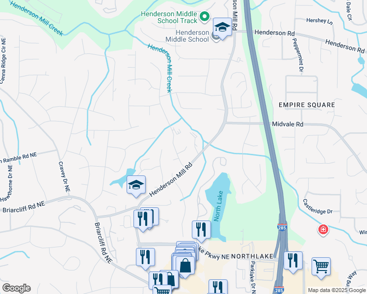 map of restaurants, bars, coffee shops, grocery stores, and more near 3270 Leslie Court Northeast in Atlanta