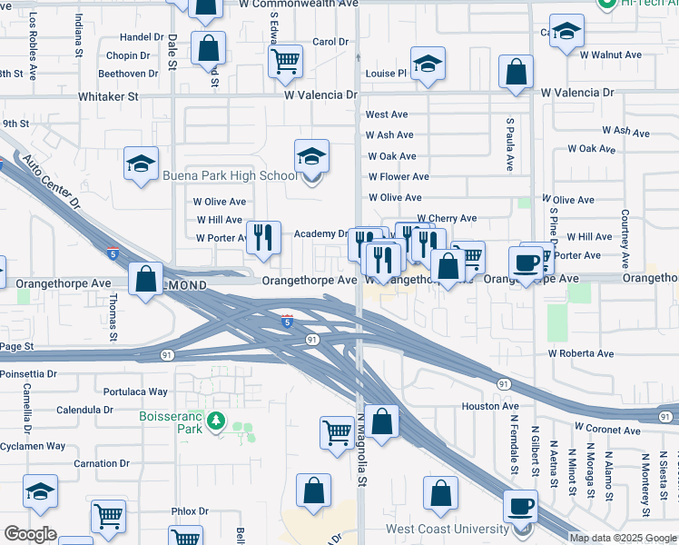 map of restaurants, bars, coffee shops, grocery stores, and more near 8927 Orangethorpe Avenue in Buena Park