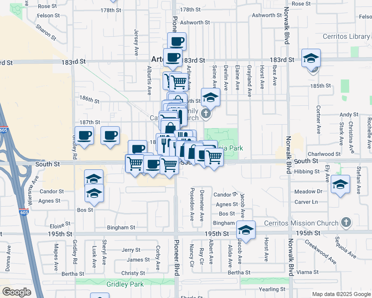 map of restaurants, bars, coffee shops, grocery stores, and more near 11820 East Solana Place in Cerritos