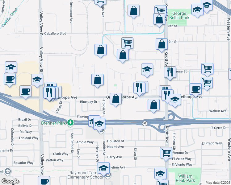 map of restaurants, bars, coffee shops, grocery stores, and more near 27 Revell Circle in Buena Park